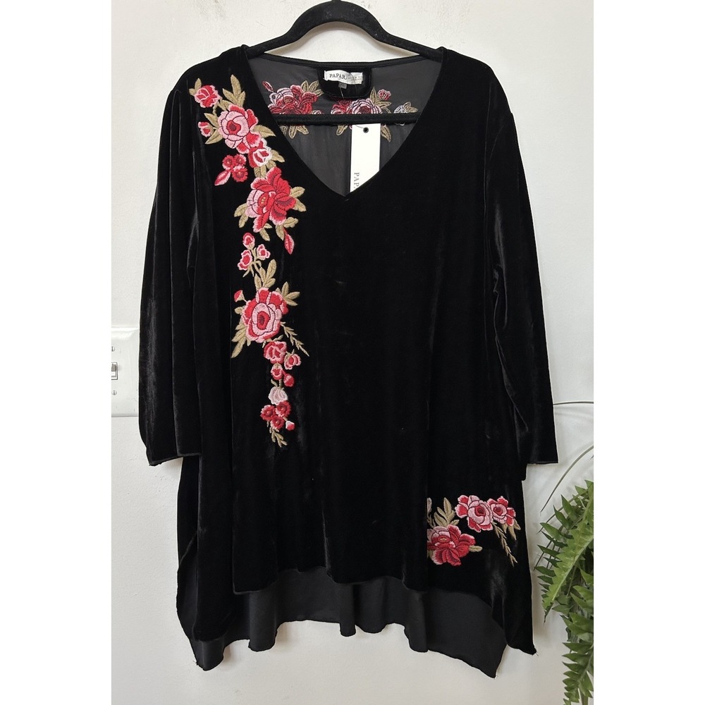 NWT Paparazzi Velvet Embroidered Tunic Top XL Black Floral Boho Shabby Cottage